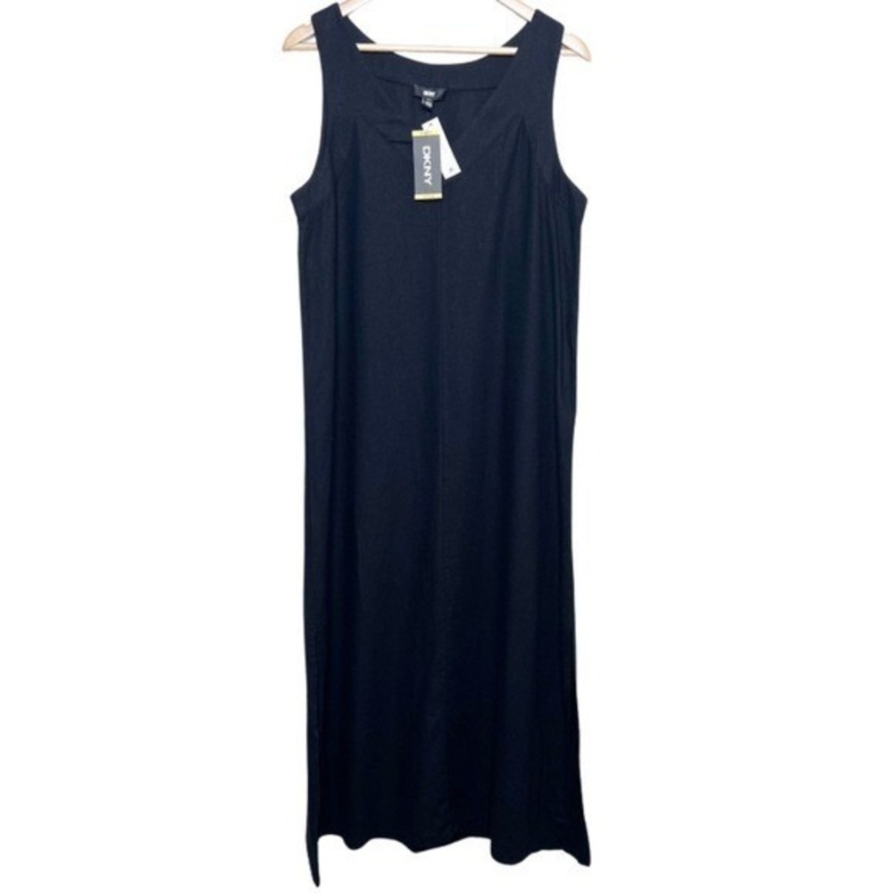 DKNY NWT Black Linen Blend V-Neck Sleeveless Maxi Dress P41C8FZK Womens Medium - Picture 2 of 8